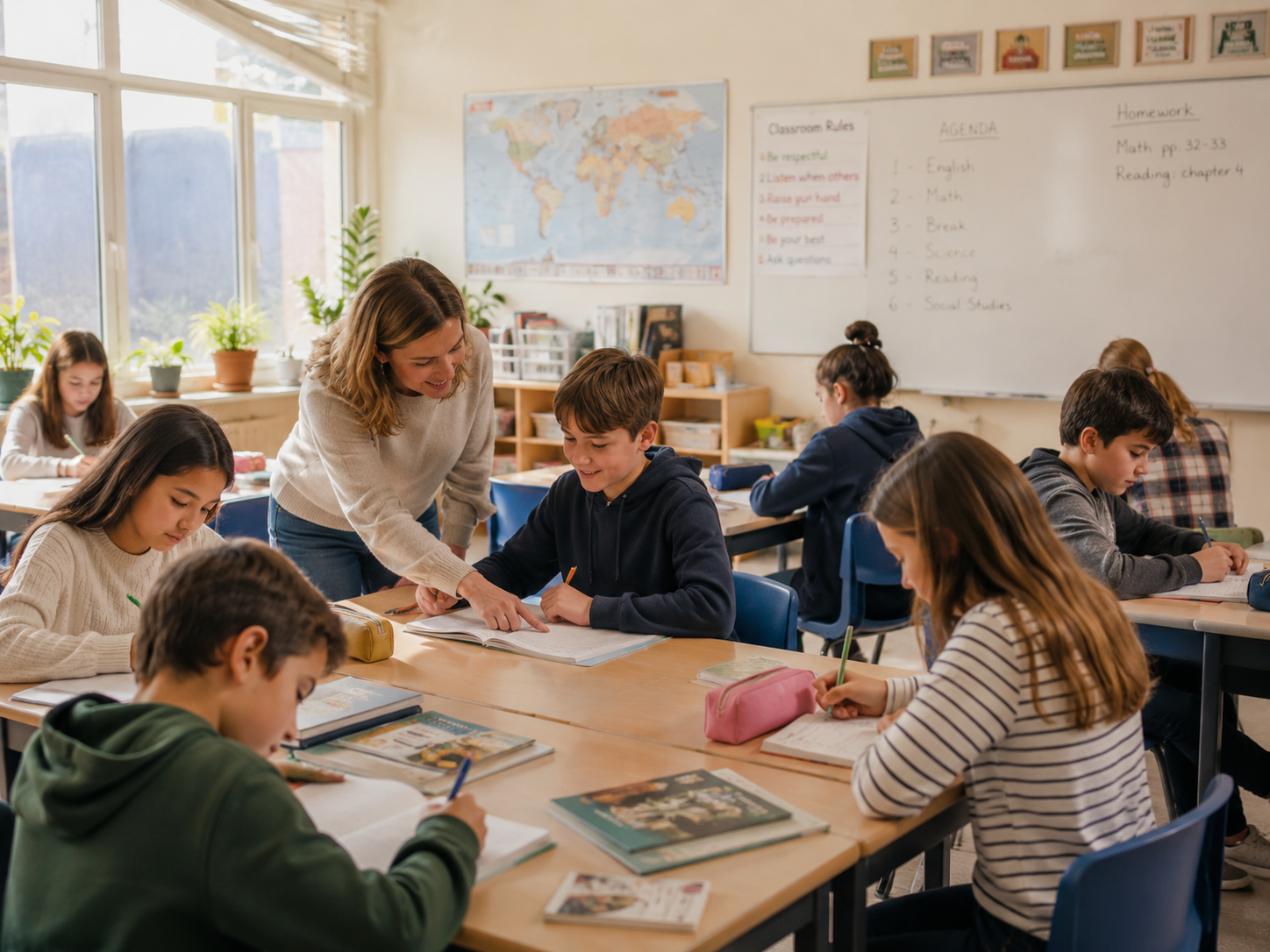 Maestra ayudando a un alumno en una clase de Educación Primaria