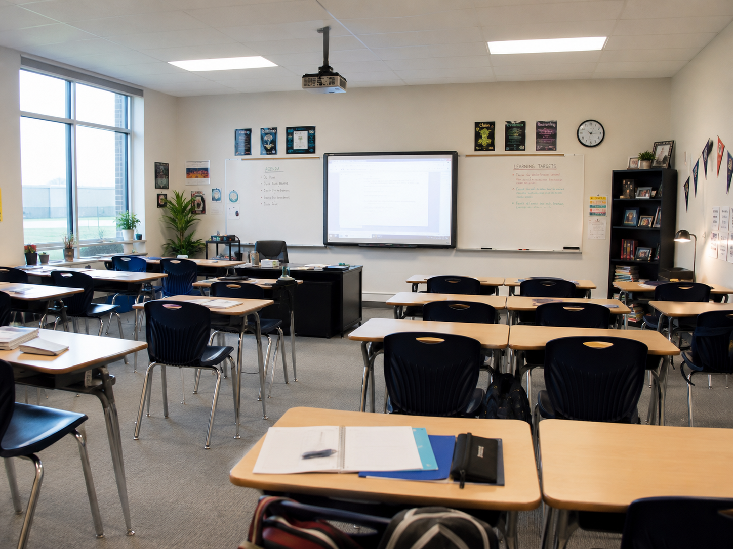 Aula de Educación Secundaria con pizarra digital y pupitres