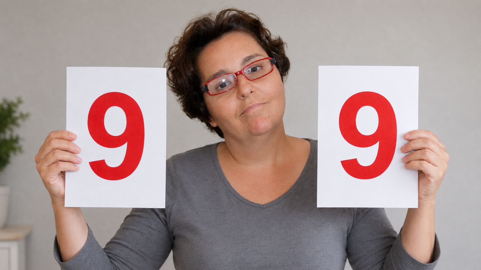 Malena sosteniendo dos folios con un 9, sus notas en las dos oposiciones